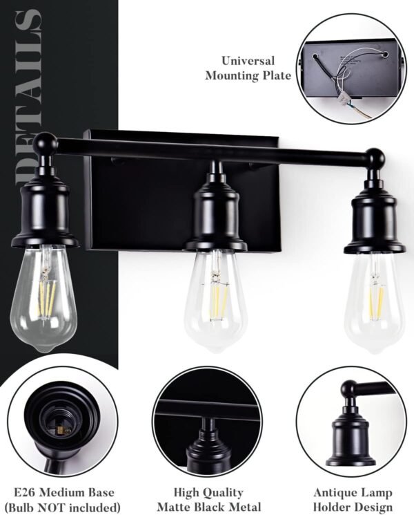 3-Light Vanity Light Fixture, Industrial Black Wall Sconce Lighting Fixture, Farmhouse Vanity Wall Lights Over Mirror, E26 Base Indoor Wall Lamp for Bathroom (Bulb Not Included)
