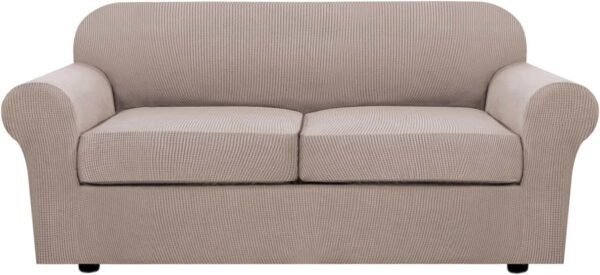 H.VERSAILTEX 3 Piece Stretch Sofa Covers for 2 Cushion Sofa Couch Covers for Living Room Furniture Cover (Base Cover Plus 2 Seat Cushion Covers) Thicker Jacquard Fabric(Large Sofa, Grey)