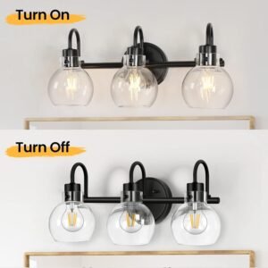 61fVUrUm26L._AC_SL1500.jpg Bathroom Light Fixtures, Black 3 Lights Vanity Light, Farmhouse Wall Sconces with Globe Glass Shade, Porch Wall Mount Lamp for Mirror, Kitchen, Porch Living Room Workshop (E26 Base)