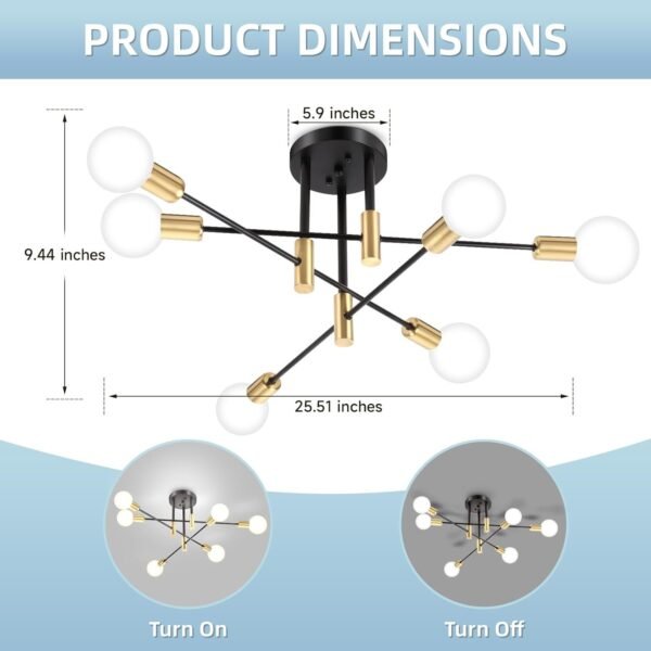 Modern Sputnik Chandelier, 6-Light Black Gold Ceiling Light Fixture, Industrial Sputnik Lights Fixture for Bedroom, Living Room, Dining Room, Kitchen, Hallway, E26 Base, Bulbs Not Included