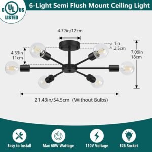 6-Lights Semi Flush Mount Ceiling Light, Matte Black Close to Ceiling Lighting with E26 Base, Modern Sputnik Light Fixtures for Kitchen Dining Room Bedroom Living Room
