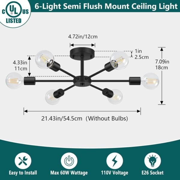 6-Lights Semi Flush Mount Ceiling Light, Matte Black Close to Ceiling Lighting with E26 Base, Modern Sputnik Light Fixtures for Kitchen Dining Room Bedroom Living Room