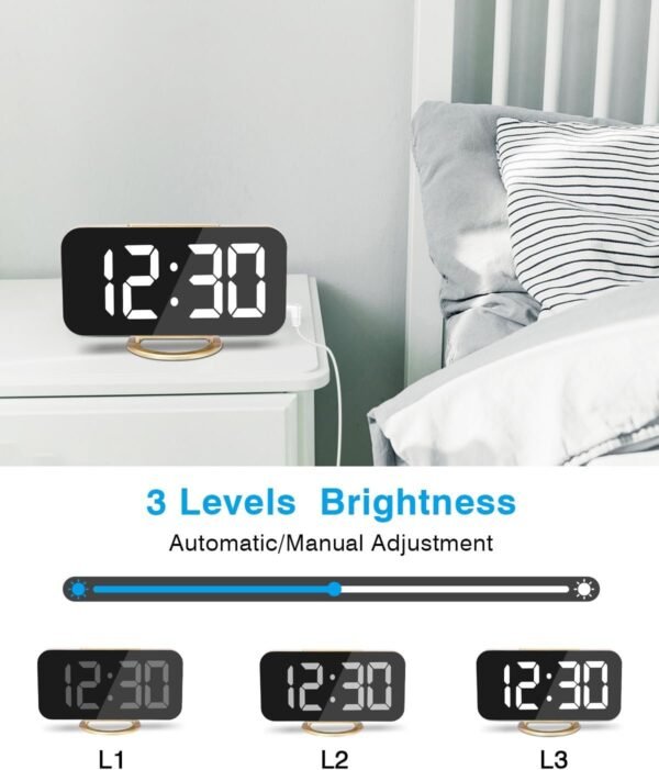 Digital Alarm Clock,7 in LED Mirrored Clocks Large Display,with 2 USB Charger Ports,Auto Dim,Night Mode,Modern Desktop Electronic Clocks for Bedroom Home Office Decor - Gold
