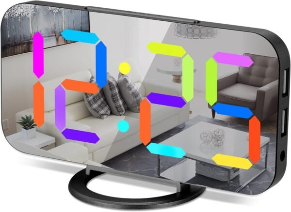 Digital Alarm Clock,7 in LED Mirrored Clocks Large Display,with 2 USB Charger Ports,Auto Dim,Night Mode,Modern Desktop Electronic Clocks for Bedroom Home Office Decor - Gold