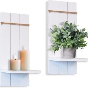 Candle Sconces Wall Decor Set of 2- Handmade Wall Sconce Candle Holder- White Wood Wall Home Decor- Modern Farmhouse Wall Decorations for Living Room, Bedroom, Bathroom, Dining Room