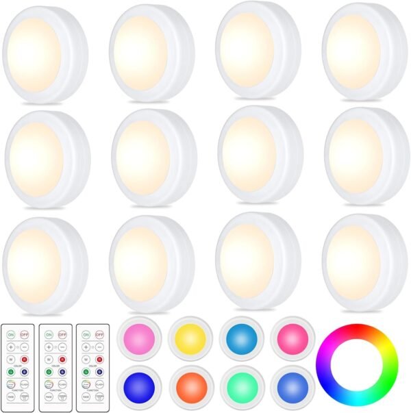 12 Pack LED Puck Lights Remote Control 16 Color Changeable Under Cabinet Lights, Battery Operated Lights Night Light with Dimmer & Timmer for Closet Bedroom Kitchen, White
