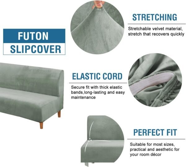 61jHyNjosaL._AC_SL1500.jpg H.VERSAILTEX Real Velvet Futon Cover Armless Sofa Covers Sofa Bed Covers Stretch Futon Couch Cover Sofa Slipcover Furniture Protector Thick Soft Cozy Velvet Fabric Form Fitted Stay In Place, Sea Grass
