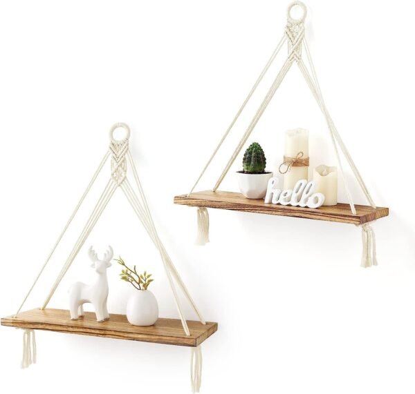 Macrame Hanging Shelves Boho Wall Decor Set of 2 Rustic Wood Floating Storage Shelf for Bedroom Bathroom Living Room Nursery Dorm Room, Display Shelving for Hanging Plants Photos