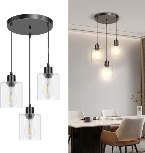 61kDYVxEy6L._AC_SL1500.jpg 3-Light Pendant Light Fixtures, Farmhouse Kitchen Island Light Fixture, Industrial Hanging Pendant Lighting for Dining Room Bedroom, Black Metal Cage Pendant, E26 Base, Bulbs Not Included