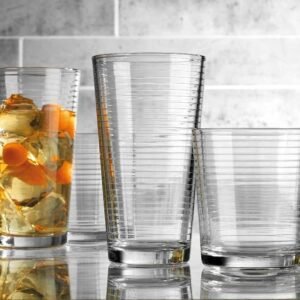 Drinking Glasses 16 Piece Set, 8-17 Oz. Highball Glasses, 8-13 Oz. Whiskey Rocks, Ideal for Water, Juice, Cocktails, and Iced Tea. Dishwasher safe