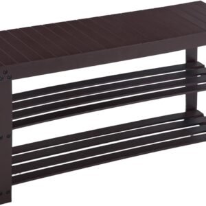 Bamboo Shoe Rack for Entryway, 3-Tier Shoe Rack Bench for Front Indoor Entrance, Small Shoe Organizer with Storage, 35.4 Inches, Black