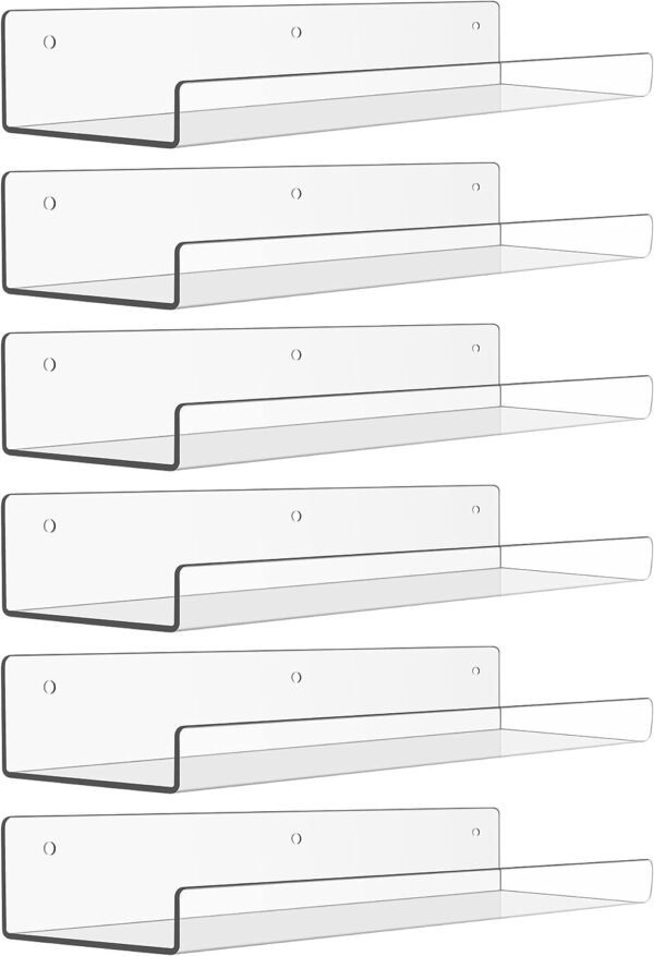 61lbK-yoqXL._AC_SL1500.jpg 4 Pack Acrylic Shelves for Wall Storage, 15" Floating Bookshelves for Kids, Display Shelf Organizer for Bathroom, Bedroom, Living Room, Kitchen, Room Decor, Clear