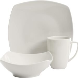 Porcelain Chip and Scratch Resistant Dinnerware set, Service for 4 (12pcs), White (Soft Square)