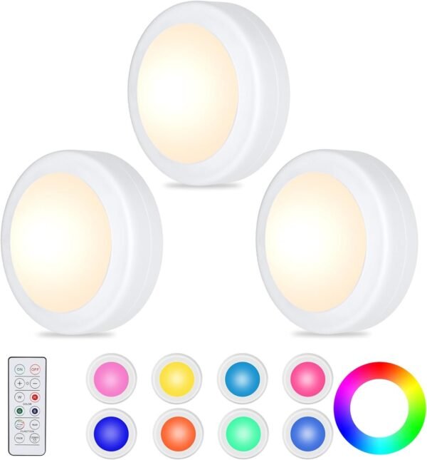 12 Pack LED Puck Lights Remote Control 16 Color Changeable Under Cabinet Lights, Battery Operated Lights Night Light with Dimmer & Timmer for Closet Bedroom Kitchen, White