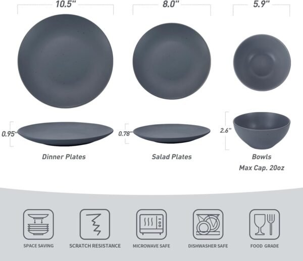 Moon Dinnerware Sets for 4, 12 Piece Stoneware Plates and Bowls Sets with Speckled Design, Matte Dish Set, Microwave and Dishwasher Safe, Charcoal