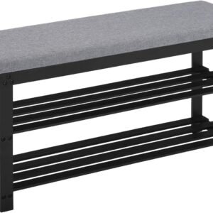 Bamboo Shoe Rack for Entryway, 3-Tier Shoe Rack Bench for Front Indoor Entrance, Small Shoe Organizer with Storage, 35.4 Inches, Black