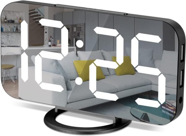 Digital Alarm Clock,7 in LED Mirrored Clocks Large Display,with 2 USB Charger Ports,Auto Dim,Night Mode,Modern Desktop Electronic Clocks for Bedroom Home Office Decor - Gold