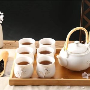 Japanese White Porcelain Tea Set with 1 Teapot Set, 6 Tea Cups, 1 Tea Tray, 1 Stainless Infuser, Cute Asian Tea Set for Tea Lover/Women/Men (Plum in Golden)