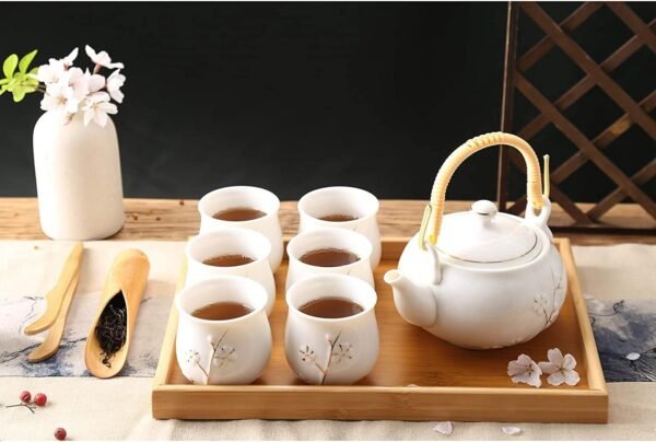 Japanese White Porcelain Tea Set with 1 Teapot Set, 6 Tea Cups, 1 Tea Tray, 1 Stainless Infuser, Cute Asian Tea Set for Tea Lover/Women/Men (Plum in Golden)