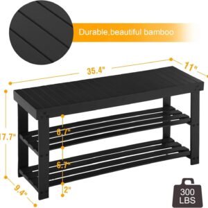 Bamboo Shoe Rack for Entryway, 3-Tier Shoe Rack Bench for Front Indoor Entrance, Small Shoe Organizer with Storage, 35.4 Inches, Black