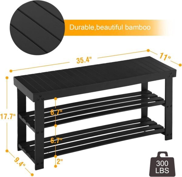 Bamboo Shoe Rack for Entryway, 3-Tier Shoe Rack Bench for Front Indoor Entrance, Small Shoe Organizer with Storage, 35.4 Inches, Black