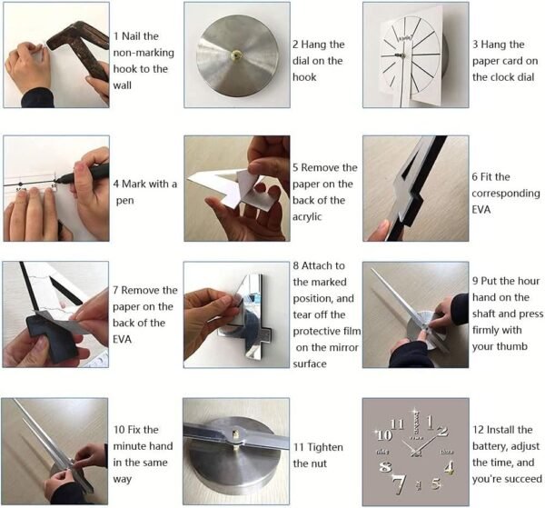 DIY Wall Clock Modern Large 3D Wall Clock Mirror Stickers Home Office Decor,Silver