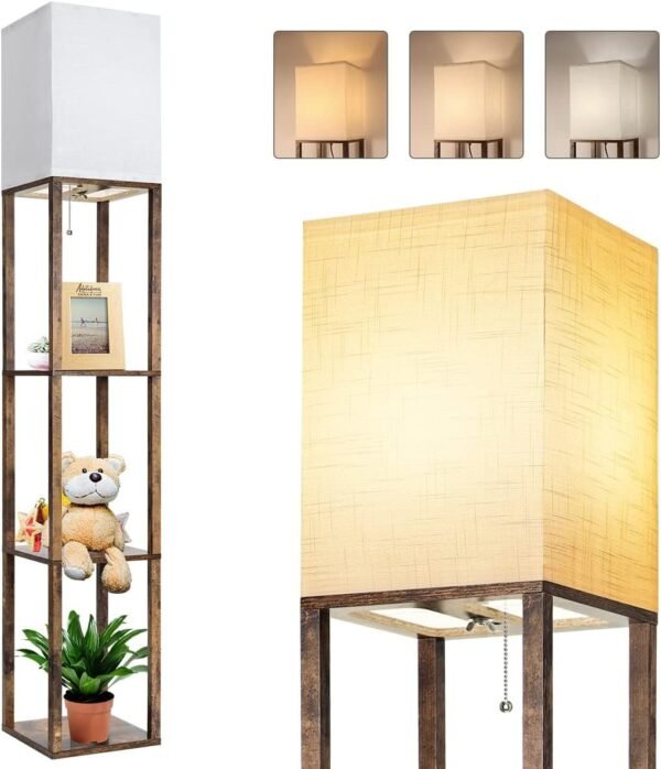 Floor Lamp with Shelves, Shelf Lamps with 3 Color Temperature LED Bulb,Storage Wood Texture Modern, Display Standing Lamp for Living Room,Office, Bedroom