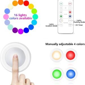12 Pack LED Puck Lights Remote Control 16 Color Changeable Under Cabinet Lights, Battery Operated Lights Night Light with Dimmer & Timmer for Closet Bedroom Kitchen, White