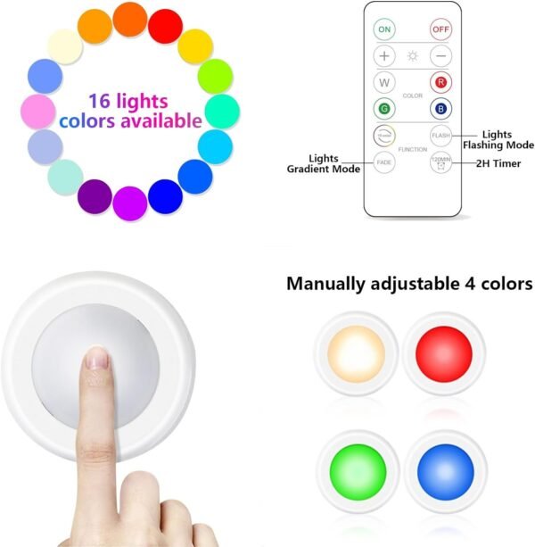 12 Pack LED Puck Lights Remote Control 16 Color Changeable Under Cabinet Lights, Battery Operated Lights Night Light with Dimmer & Timmer for Closet Bedroom Kitchen, White