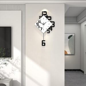 Decorative Wall Clock for Living Room Decor Large Modern Wall Clocks with Pendulum Battery Operated for Bedroom Office Kitchen Home Black Wood Silent Wall Clock Non Ticking 11.8 * 19.7"
