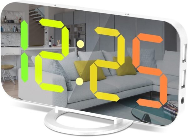 Digital Alarm Clock,7 in LED Mirrored Clocks Large Display,with 2 USB Charger Ports,Auto Dim,Night Mode,Modern Desktop Electronic Clocks for Bedroom Home Office Decor - Gold