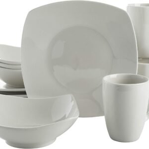 Porcelain Chip and Scratch Resistant Dinnerware set, Service for 4 (12pcs), White (Soft Square)