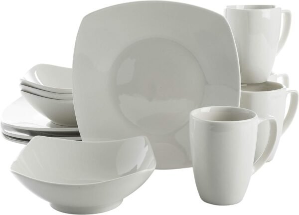 Porcelain Chip and Scratch Resistant Dinnerware set, Service for 4 (12pcs), White (Soft Square)