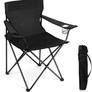 Portable Camping Chair, Large Outdoor Folding Chair for Adults, 600D Oxford Fabric Sturdy Foldable Chair for Beach, Fishing, Picnic Lawn and More Outdoor Sports, Carry Bag & Cup Holders, Black