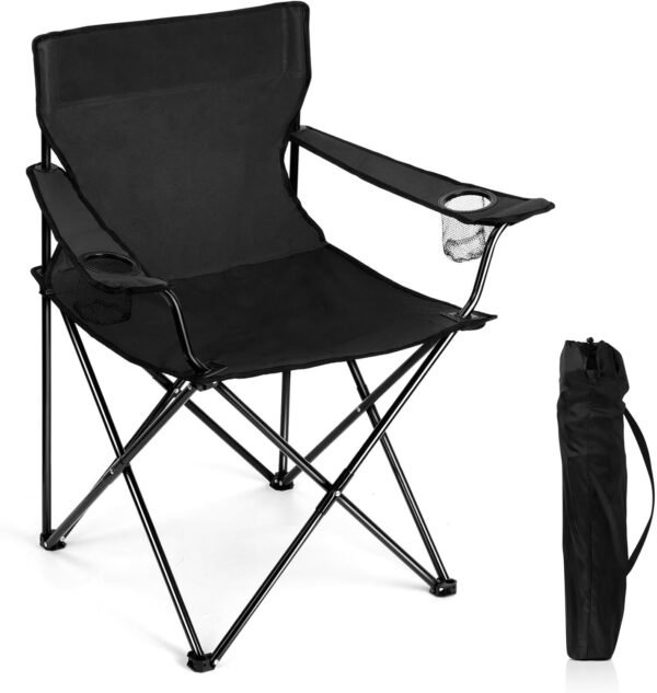 Portable Camping Chair, Large Outdoor Folding Chair for Adults, 600D Oxford Fabric Sturdy Foldable Chair for Beach, Fishing, Picnic Lawn and More Outdoor Sports, Carry Bag & Cup Holders, Black
