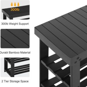 Bamboo Shoe Rack for Entryway, 3-Tier Shoe Rack Bench for Front Indoor Entrance, Small Shoe Organizer with Storage, 35.4 Inches, Black