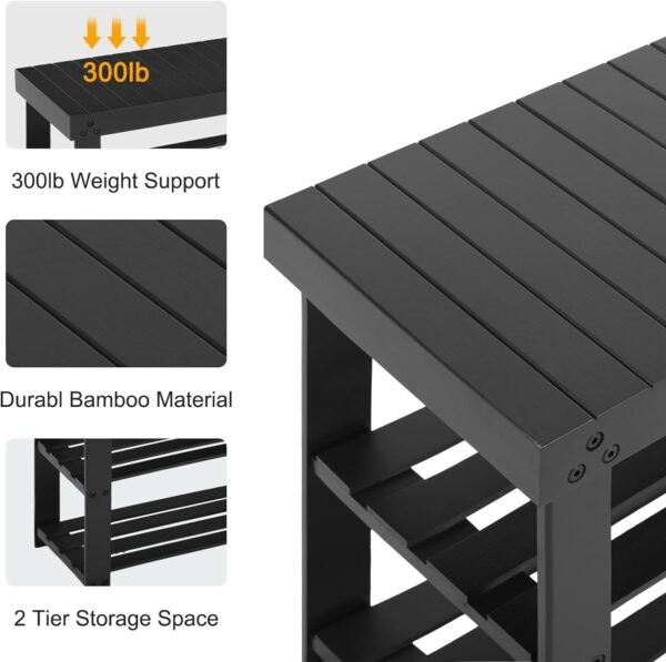 Bamboo Shoe Rack for Entryway, 3-Tier Shoe Rack Bench for Front Indoor Entrance, Small Shoe Organizer with Storage, 35.4 Inches, Black