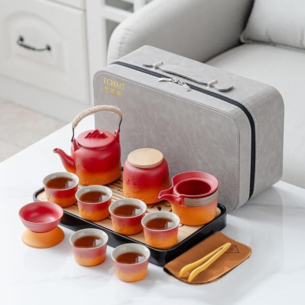 Asian tea set |Kungfu tea sets |Ceramic Portable tea set |tea sets for adult |13-piece withgrey leather case |Tea set gift for Home, Outdoor, Business (Ceramic-Black teaset)