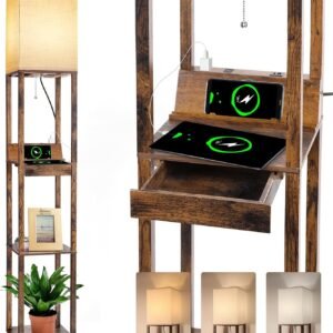 Floor Lamp with Shelves, Shelf Lamps with 3 Color Temperature LED Bulb,Storage Wood Texture Modern, Display Standing Lamp for Living Room,Office, Bedroom