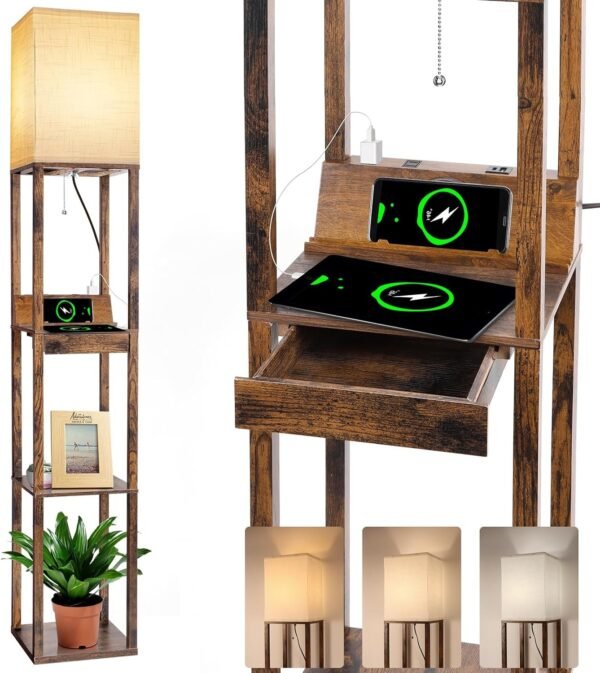 Floor Lamp with Shelves, Shelf Lamps with 3 Color Temperature LED Bulb,Storage Wood Texture Modern, Display Standing Lamp for Living Room,Office, Bedroom