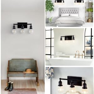 3-Light Vanity Light Fixture, Industrial Black Wall Sconce Lighting Fixture, Farmhouse Vanity Wall Lights Over Mirror, E26 Base Indoor Wall Lamp for Bathroom (Bulb Not Included)