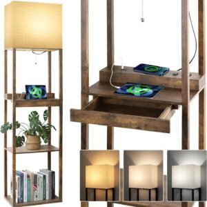 Floor Lamp with Shelves, Shelf Lamps with 3 Color Temperature LED Bulb,Storage Wood Texture Modern, Display Standing Lamp for Living Room,Office, Bedroom