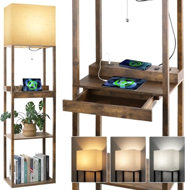 Floor Lamp with Shelves, Shelf Lamps with 3 Color Temperature LED Bulb,Storage Wood Texture Modern, Display Standing Lamp for Living Room,Office, Bedroom