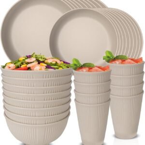 48 Pcs Dinnerware Sets, Unbreakable Plates and Bowls Sets, Reusable Dinnerware Sets for 4 People, Travel Camping Picnic Home Party Cutlery Set, Dishwasher Microwave Safe Dishes
