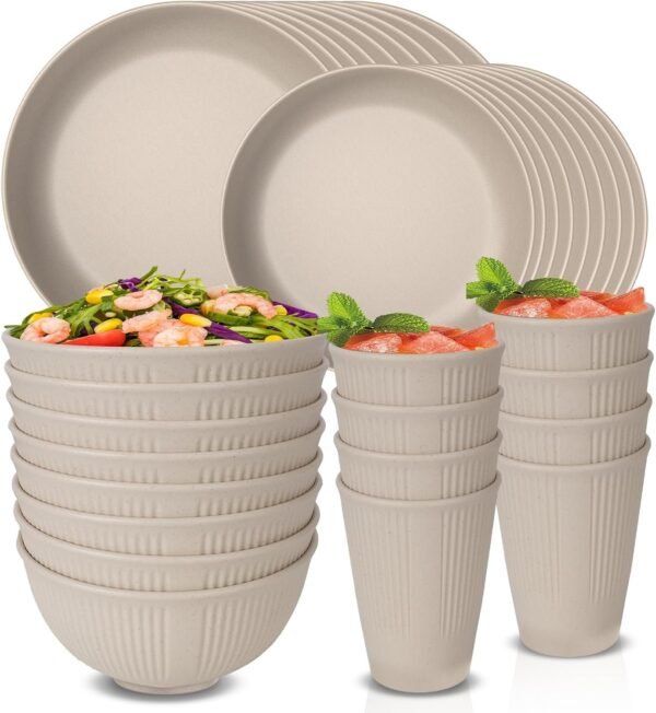 48 Pcs Dinnerware Sets, Unbreakable Plates and Bowls Sets, Reusable Dinnerware Sets for 4 People, Travel Camping Picnic Home Party Cutlery Set, Dishwasher Microwave Safe Dishes