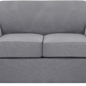 H.VERSAILTEX 3 Piece Stretch Sofa Covers for 2 Cushion Sofa Couch Covers for Living Room Furniture Cover (Base Cover Plus 2 Seat Cushion Covers) Thicker Jacquard Fabric(Large Sofa, Grey)