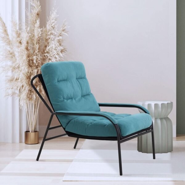 Modern Cotton Fabric Lazy Chair, Accent Contemporary Lounge Chair, Single Steel Frame Leisure Chair with Armrests,Thick Padded Back,(Blue)