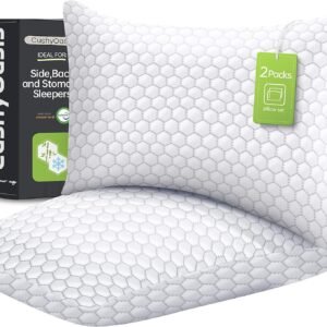 Shredded Memory Foam Pillow for Sleeping, Cooling Bed Pillows Set of 2, Adjustable Pillows for Side, Back, Stomach Sleepers with Washable Pillowcase (Queen Size, Grey)