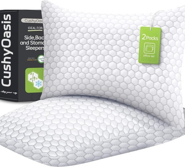 Shredded Memory Foam Pillow for Sleeping, Cooling Bed Pillows Set of 2, Adjustable Pillows for Side, Back, Stomach Sleepers with Washable Pillowcase (Queen Size, Grey)