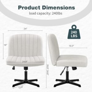Armless Office Desk Chair No Wheels, Cross Legged Office Chairs Padded Wide Seat, Fabric Modern Adjustable Swivel Accent Chair, Computer Task Vanity Chair for Home Office (Beige)